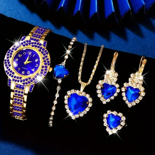 مجموعة مجوهرات نسائية عصرية مكونة من 6 قطع، ساعة كوارتز دائرية مع قلادة قلب بسيطة وسوار، مثالية