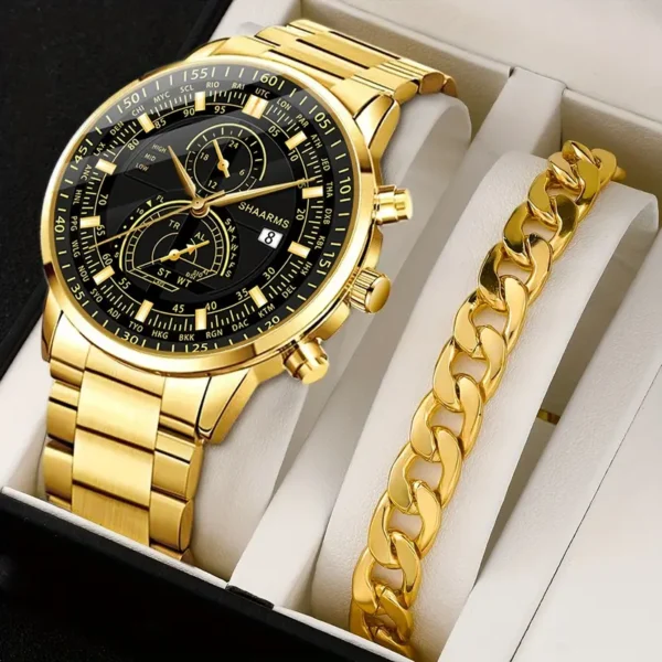 مجموعة ساعات كوارتز للرجال من Funky مكونة من قطعتين مع تقويم - مينا دائري أنيق وسوار سلسلة، سبيكة الزنك، هدية مثالية له