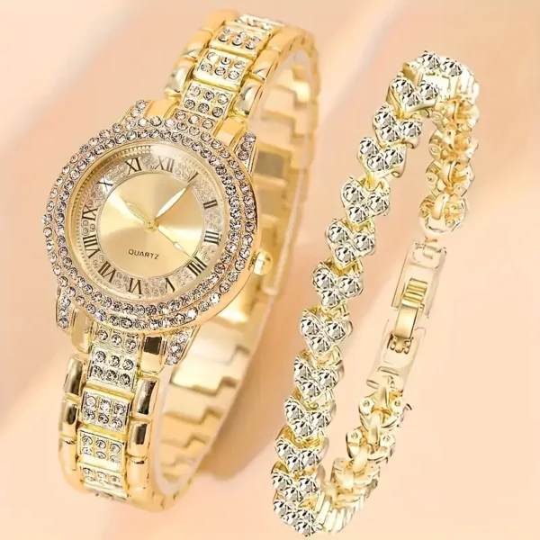 مجموعة ساعات كوارتز أنيقة للنساء من قطعتين - فاخرة بحجر الراين، سوار وحافظة من سبيكة مقاومة للصدا