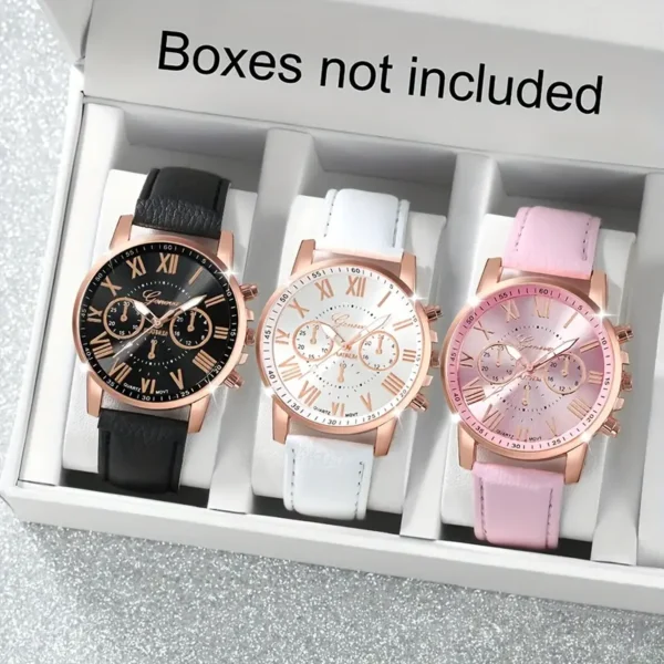 خصم 70% طقم من 3 ساعات كوارتز بحزام من الجلد الصناعي لسيدة أنيقة بميناء دائريره جميلة ومناسبة للمناسبات والإرتداء اليومي 3 ألوان / ابيض / اسود / وردي .