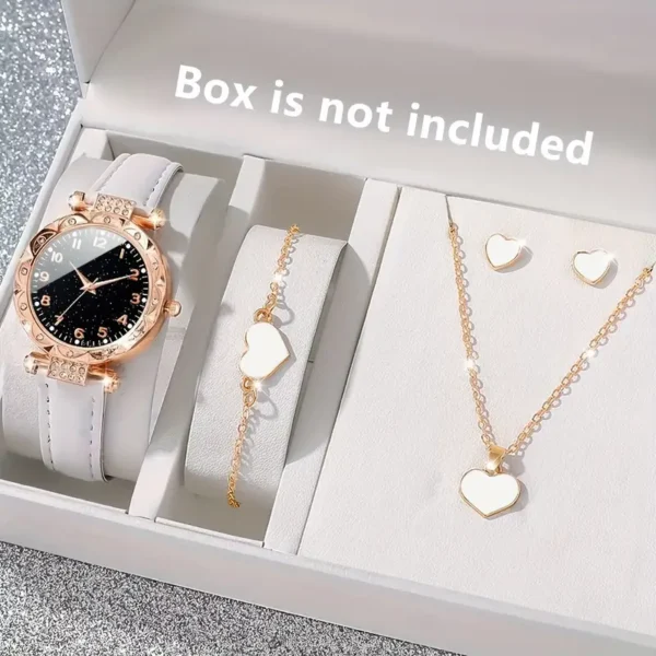 مجموعة ساعات كوارتز أنيقة مكونة من 5 قطع للنساء مع حزام جلد صناعي، قلادة على شكل قلب وسوار قلب
