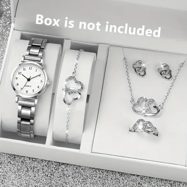 مجموعة أنيقة من 6 قطع للساعات الكوارتز النسائية ومجوهرات على شكل قلب - علبة سبيكة أنيقة، تصميم مينا بسيط