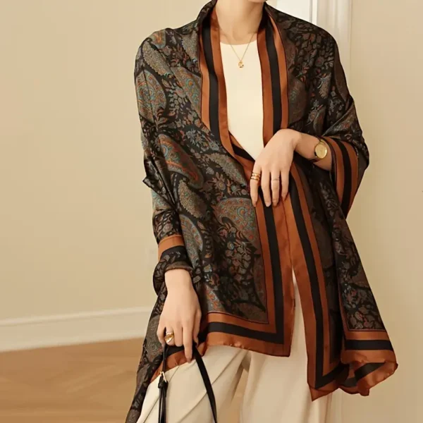 وشاح بوليستر بنمط زهور أنيق للنساء - وشاح أنيق خفيف الوزن من البوليستر بتصميم نباتي مزخرف، إكسسوار متنفس ودافئ للخروج،