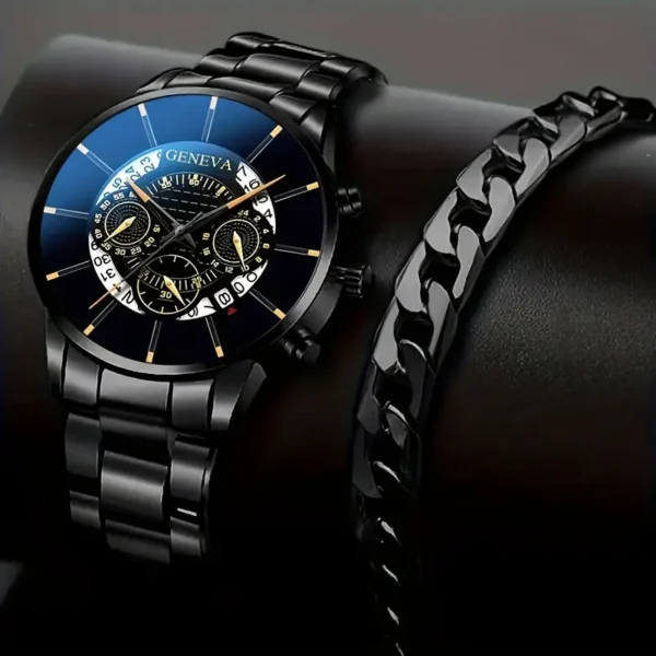 طقم من قطعتين: ساعة كوارتز أنيقة للرجال & سوار كاجوال - سوار من الفولاذ المقاوم للصدأ، غير مقاوم للماء، ميزة التاريخ، علبة من سبيكة الزنك