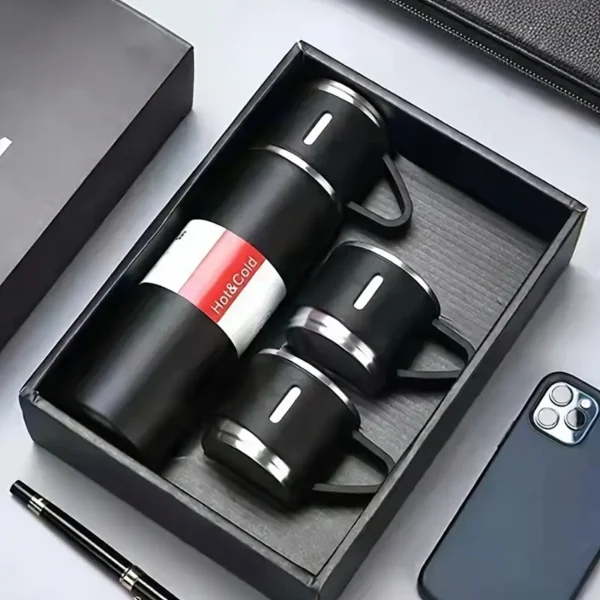 طقم إبريق شفط من الفولاذ المقاوم للصدأ، 500 مل، زجاجة سفر محمولة مع 3 أغطية، كوب معزول متعدد الاستخدامات في صندوق هدايا، قابل لإعادة الاستخدام، خالٍ من مادة البيسفينول أ، آمن للتجميد، مثالي للتخييم - يتضمن كوب حراري وبارد