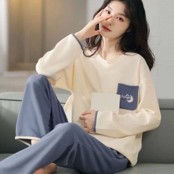 طقم نوم نسائي مكون من قطعتين بأكمام طويلة أنيقة وشتوية