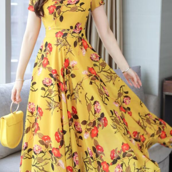 فساتين شاي نسائية بأكمام طويلة فستان أصفر جودة عاية وخامة ممتازة متعدد المقاسات