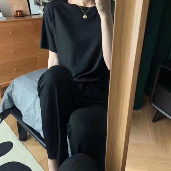 طقم نوم نسائي مكون من قطعتين بأكمام قصيرة خامة راقية طقم خفيف بمقاس واحد متوسط المقاس الكوري المناسب ل 90% من الأشخاص (نسخة)