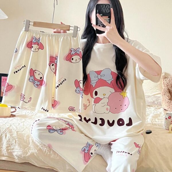 طقم نوم نسائي مكون من 3 قطع بأكمام قصيرة بيجامة راقية بمقاس واحد متوسط