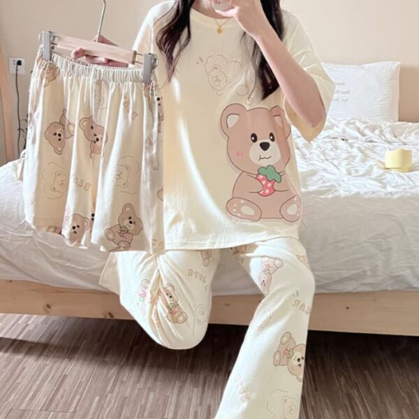 طقم نوم نسائي مكون من 3 قطع بأكمام قصيرة بيجامة راقية بمقاس واحد متوسط