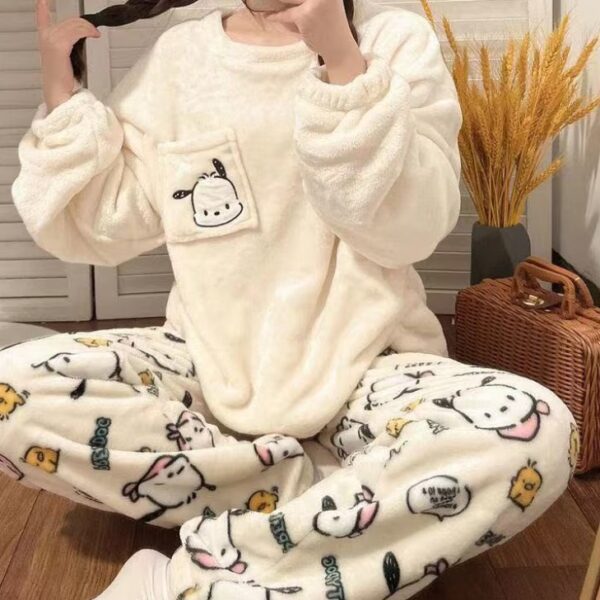 طقم نوم نسائي بأكمام طويلة مكون من قطعتين للشتاء صوفية بيجامة نوم راقي ومريحة ودافئة