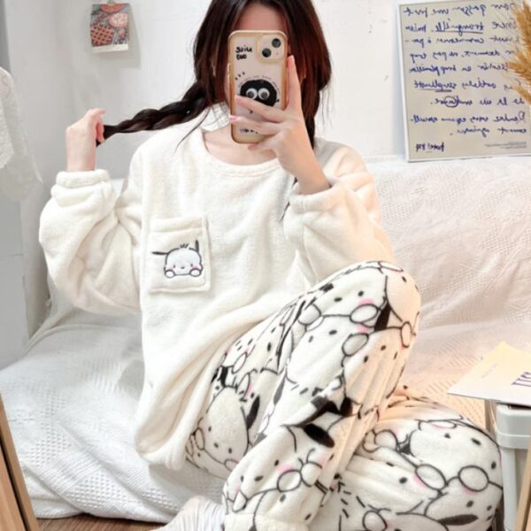 طقم نوم نسائي بأكمام طويلة مكون من قطعتين للشتاء صوفية بيجامة نوم راقي ومريحة ودافئة