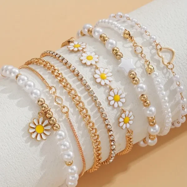 أساور إجازة وكاجوال 8 قطع، لؤلؤ صناعي، نجمة، قلب، أساور سحرية ديزي، تصاميم متنوعة للحفلات والملابس اليومية