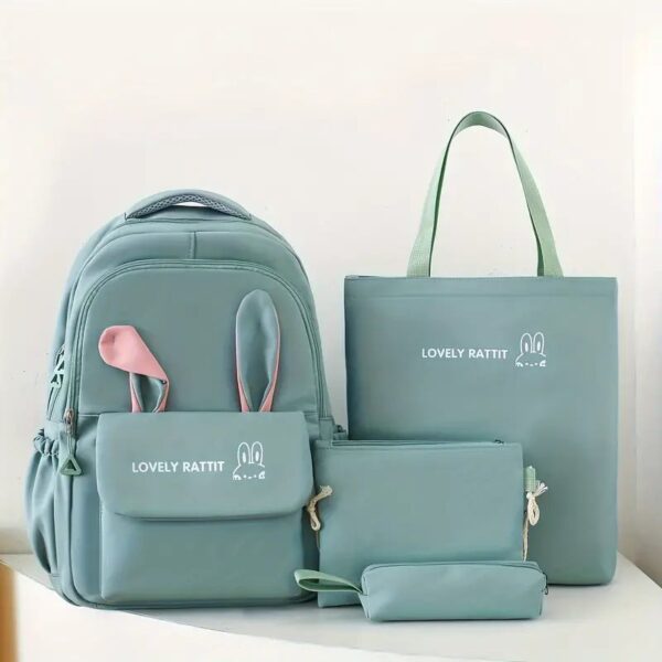 نسخ مجموعة حقائب ظهر نايلونية بأذنين كرتونية للنساء - حقيبة ظهر مدرسية خفيفة الوزن وعصرية مكونة من 4 قطع بسعة كبيرة، إغلاق بسحّاب .. لون اخضر