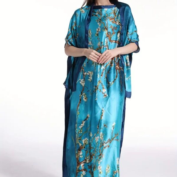 فستان قفطان بطباعة زهرية بمقاس كبير بأكمام قصيرة، فستان طويل أنيق مع وشاح، ملابس نسائية بمقاس كبير