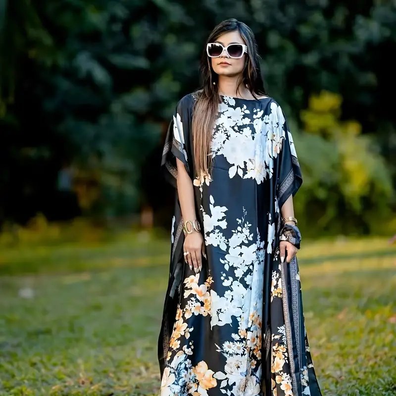 فستان قفطان ماكسي بطبعة زهور أنيقة - مريح، بوليستر قابل للتنفس، غطاء شاطئ واقي من الشمس بأكمام خفاشية وفتحة رقبة على شكل V، لفافة صيفية عادية للنساء - مثالي للأنشطة الخارجية - الصورة 2