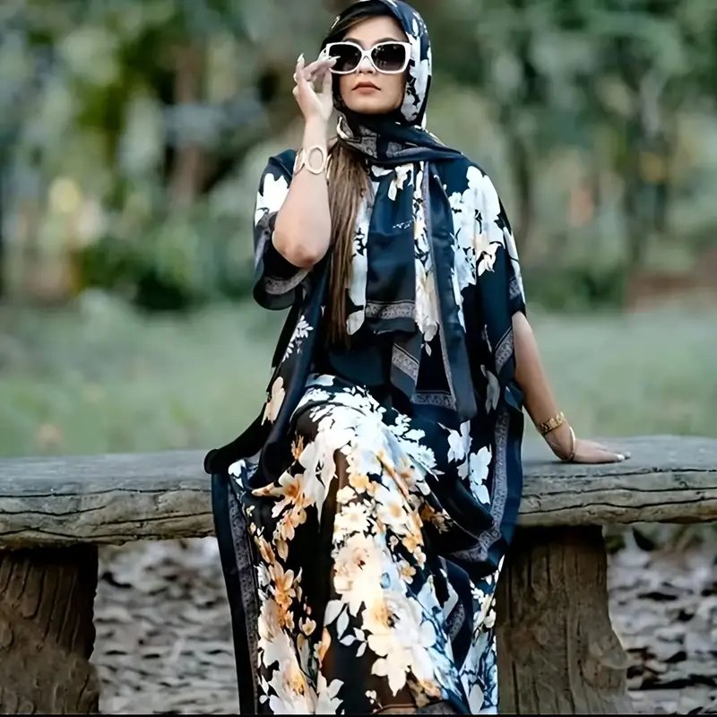 فستان قفطان ماكسي بطبعة زهور أنيقة - مريح، بوليستر قابل للتنفس، غطاء شاطئ واقي من الشمس بأكمام خفاشية وفتحة رقبة على شكل V، لفافة صيفية عادية للنساء - مثالي للأنشطة الخارجية