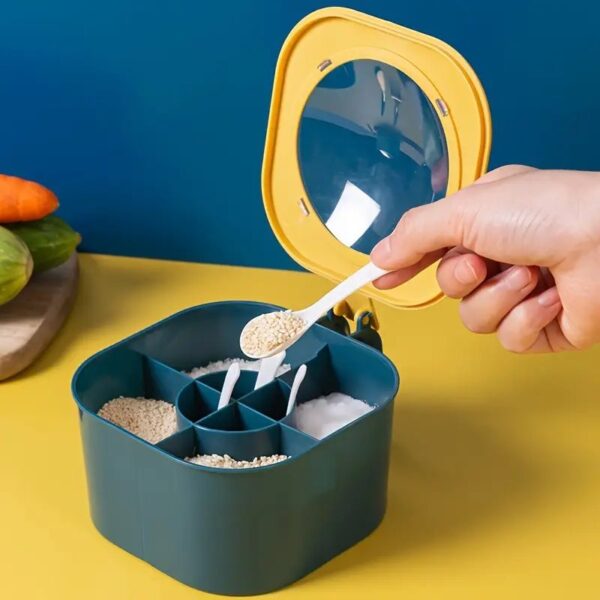 صندوق توابل متعدد الأقسام بملاعق - مجموعة حاويات ملح وفلفل وتوابل مدمجة - تخزين التوابل في المطبخ مع غطاء - بلاستيك