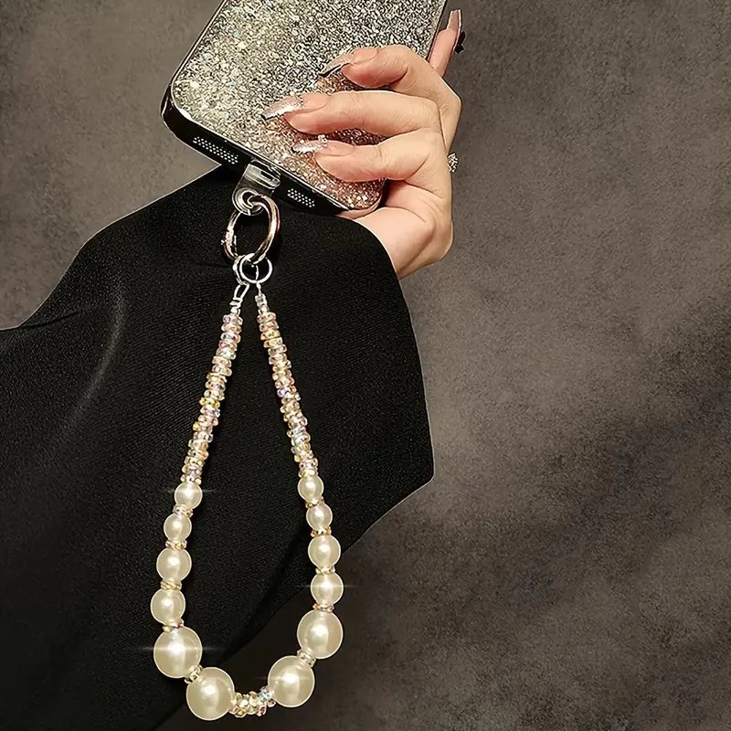 حلية هاتف مرصعة بأحجار الراين، حزام معصم من اللؤلؤ المصنوع يدويًا، سحر محمول فاخر ضد الضياع، قلادة براقة لحافظة الهاتف، الكاميرا، الأقراص المدمجة - مصنوعة من مادة PVC - الصورة 2