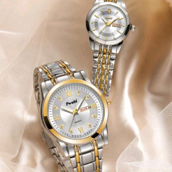 ماركة poshi زوج لونين سبائك الزنك حزام الموضة بديكور حجر الراين مقاوم للصدأ ،، ساعة مقاومه للماء،، هديه للزوجين.