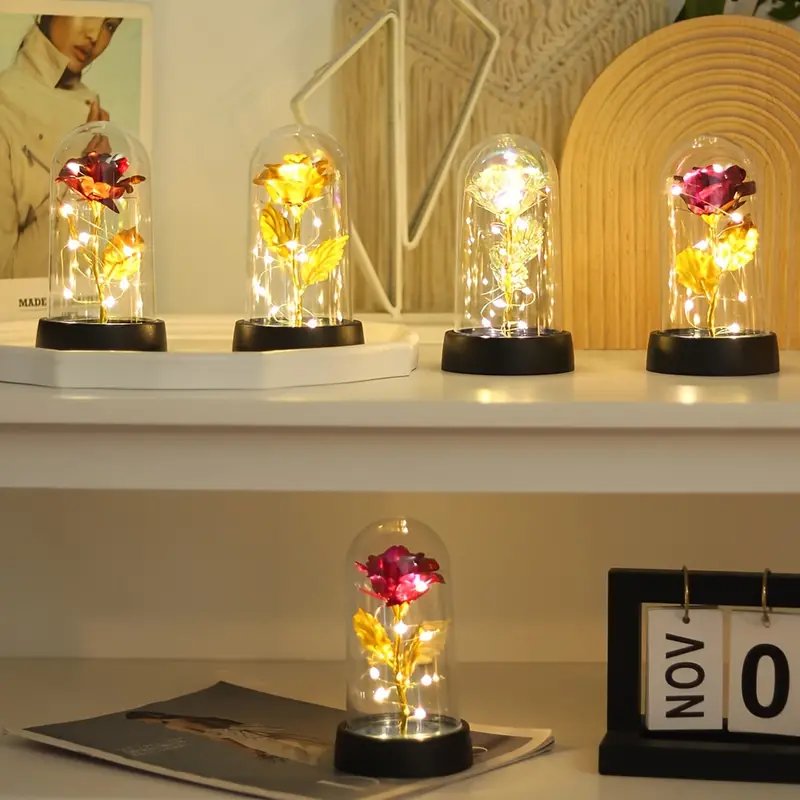 لمبة ليلية حديثة بشكل زهرة LED مع وردة ذهبية، مصباح بلاستيكي قائم على الطاولة مع تحكم بالمفتاح، إضاءة علوية تعمل بالبطارية لزخرفة غرفة النوم، تتضمن بطارية زر غير قابلة لإعادة الشحن واحدة - الصورة 2