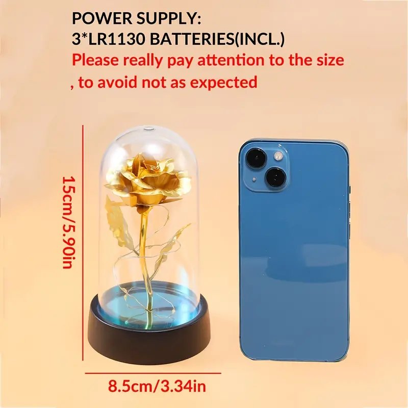 لمبة ليلية حديثة بشكل زهرة LED مع وردة ذهبية، مصباح بلاستيكي قائم على الطاولة مع تحكم بالمفتاح، إضاءة علوية تعمل بالبطارية لزخرفة غرفة النوم، تتضمن بطارية زر غير قابلة لإعادة الشحن واحدة - الصورة 3