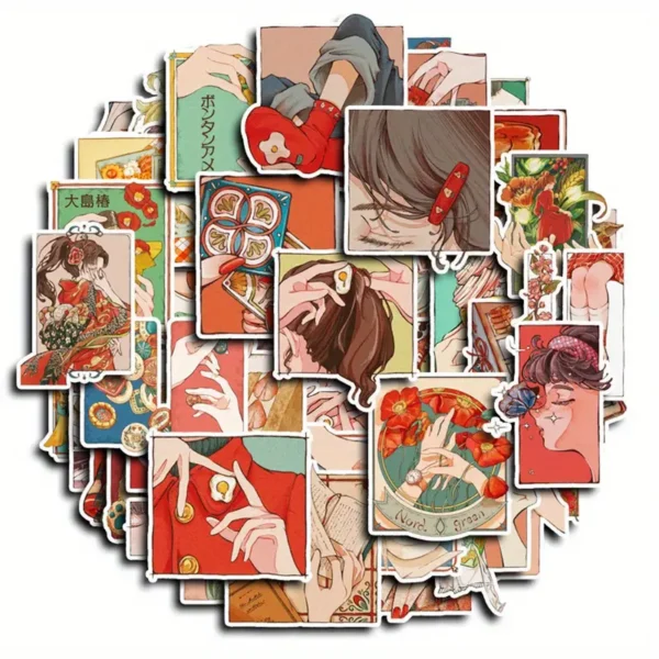 50 قطعة من ملصقات الفينيل المقاومة للماء بتصميم فتاة يابانية ريترو لزجة لزجاجة الماء وأجهزة الكمبيوتر المحمولة والهواتف