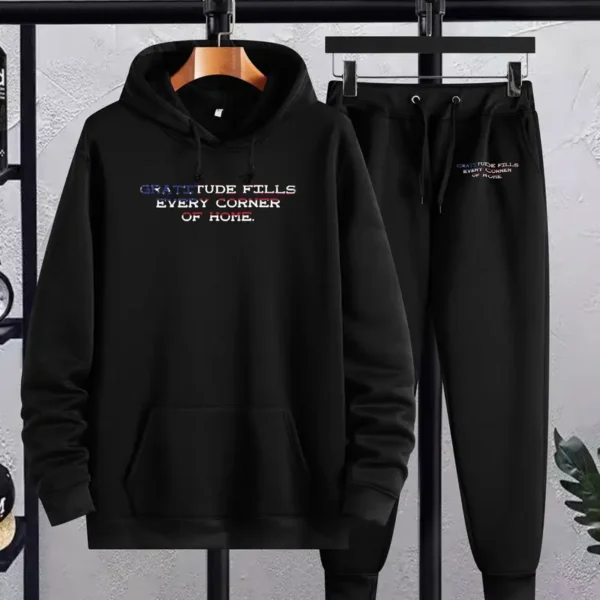 طقم هودي وبنطلون رياضي بطبعة عصرية للرجال - زي كاجوال برباط للخريف/الشتاء، خليط بوليستر