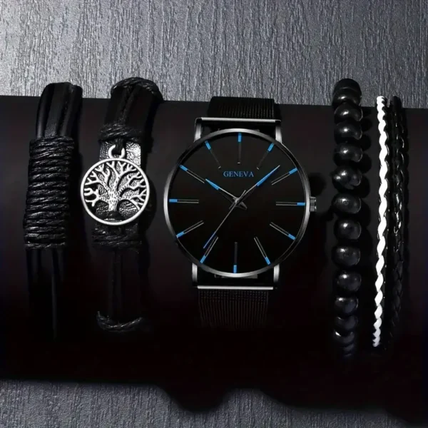 مجموعة ساعات رجالية كاجوال من 5 قطع، حزام من الفولاذ المقاوم للصدأ وساعة كوارتز، مجموعة أساور، خيار مثالي للأعمال والرياضة