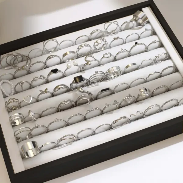 مجموعة خواتم أنيقة مكونة من 69 قطعة بتصميم قلب مجوف فضي ولؤلؤ صناعي - أسلوب قديم من سبيكة الزنك للملابس العادية، الحفلات، والهدايا