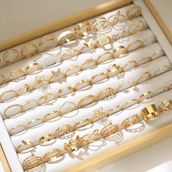 مجموعة خواتم أنيقة بتصميم هندسي من الزنك ولؤلؤ صناعي مكونة من 66 قطعة - للنساء والفتيات - مناسبة للإرتداء اليومي والحفلات - متوافقة مع جميع المواسم