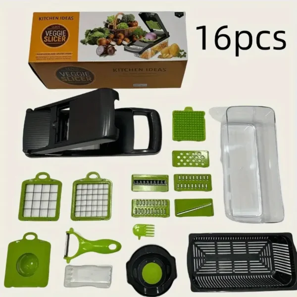 طقم قواطع الخضار من الفولاذ المقاوم للصدأ 16 قطعة - آلة تقطيع الطعام اليدوية مع شفرات قابلة للتبديل، قاطع فواكه، مطحنة بصل، قاطع بطاطس - أدوات مطبخ متعددة الاستخدامات للاستخدام المنزلي والمطاعم