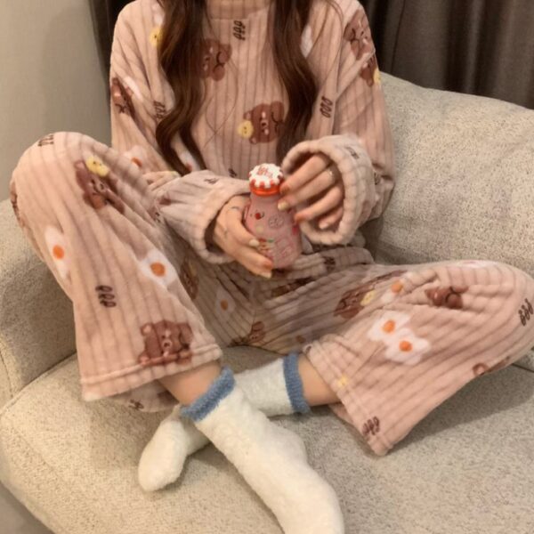 طقم نوم نسائي بأكمام طويلة مكون من قطعتين بيجامة نسائية شتوي بالنمط الكوري بيجامة ضوفية ومريحة بمقاس حر مناسب