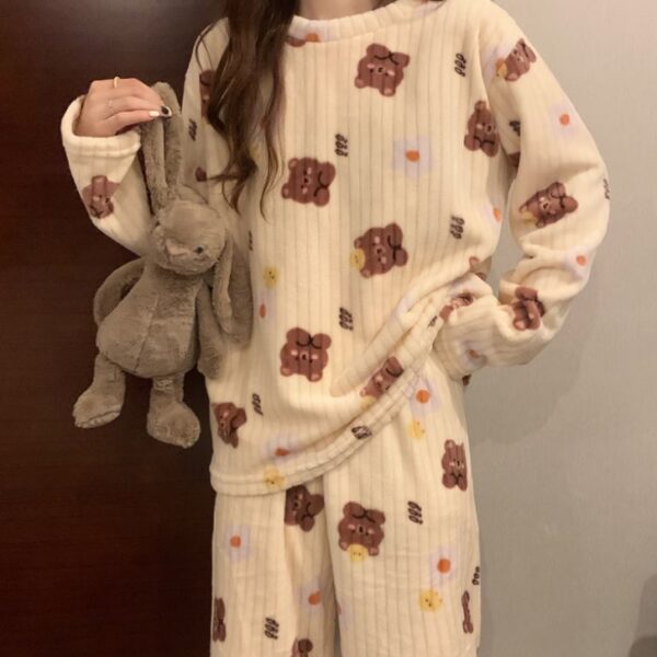 طقم نوم نسائي بأكمام طويلة مكون من قطعتين بيجامة نسائية شتوي بالنمط الكوري بيجامة ضوفية ومريحة بمقاس حر مناسب