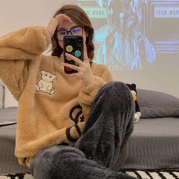 طقم نوم نسائي بأكمام طويلة مكون من قطعتين بيجامة قطني عالية الجودة شتوية بيجامة ثقيلة