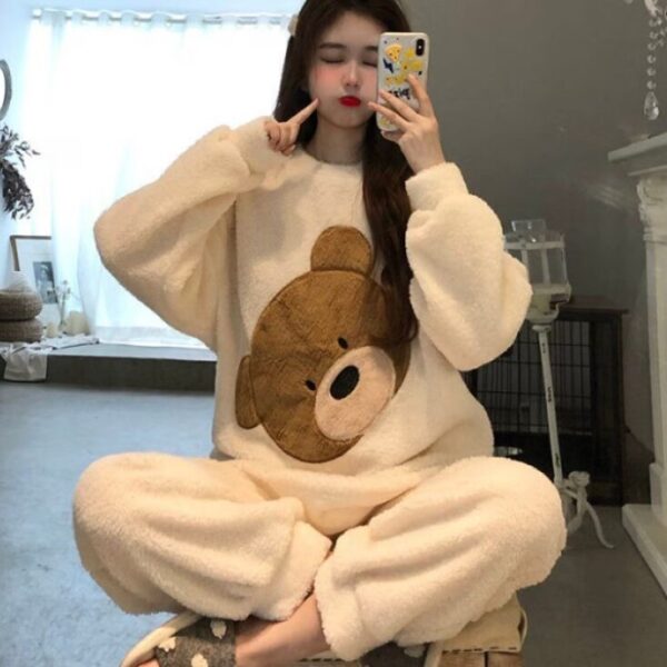 طقم نوم نسائي بأكمام طويلة مكون من قطعتين بيجامة قطني عالية الجودة شتوية بيجامة ثقيلة